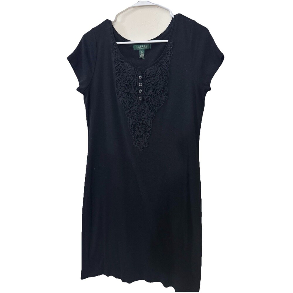 LAUREN RALPH LAUREN Women's Black Midi Cotton T-Shirt Dress Lace Detail- Size PL